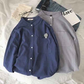 Long-sleeved Stand Collar Plain Slim Blouse
