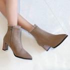 Faux Suede Frill Trim Block Heel Pointed Ankle Boots