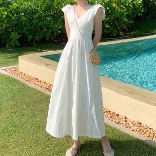 V-neck Open Back Sleeveless Midi A-line Dress