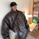 Stand Collar Quilted Faux Leather Zip-up Jacket