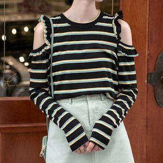 Long-sleeve Cutout Striped Knit Top Stripes - Black - One Size