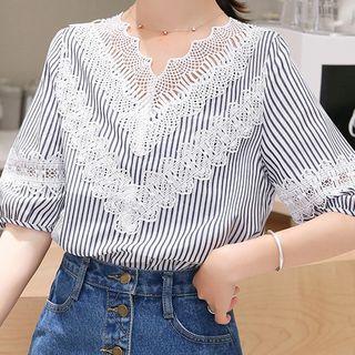 Crochet Trim Striped Elbow-sleeve Blouse