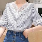 Crochet Trim Striped Elbow-sleeve Blouse