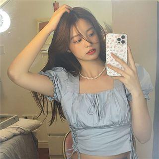 Puff-sleeve Square-neck Lace-up Crop Top Blue - One Size