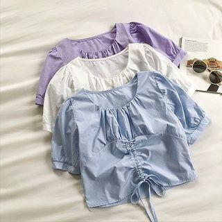Plain Crewneck Drawcord Short-sleeve Blouse
