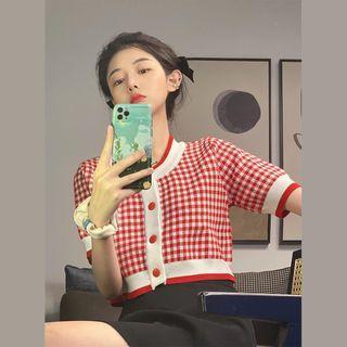 Crew-neck Two-tone Plaid Button-up Knit Top