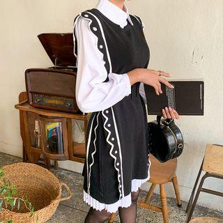 Set: Embellished Sleeveless Knit Top + Pleated Shirtdress + Sash Black - One Size