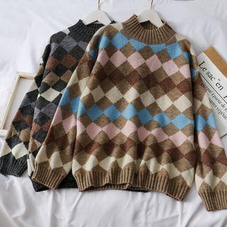 Mock-neck Loose-fit Argyle Sweater
