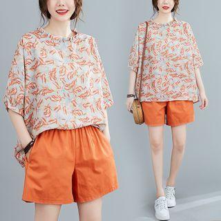 Set: Ruffle Trim Printed Elbow-sleeve Blouse + Wide-leg Shorts As Shown In Figure - One Size