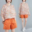 Set: Ruffle Trim Printed Elbow-sleeve Blouse + Wide-leg Shorts As Shown In Figure - One Size