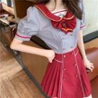 Sailor Collar Short-sleeve Pintuck Blouse / Pleated Mini A-line Skirt