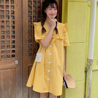 Short-sleeve Frilled Collar Buttoned A-line Dress