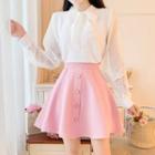 Long-sleeve Lace Panel Tie-neck Knit Top / A-line Mini Skirt / Set