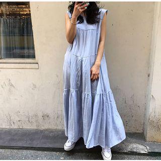 Plain Sleeveless Maxi Shift Dress Blue - One Size