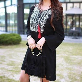 Tassel-neck Embroidered Textured Mini Dress