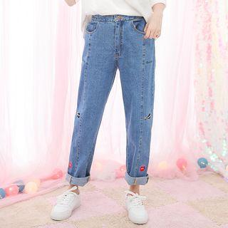 Embroidered Washed Straight Leg Jeans