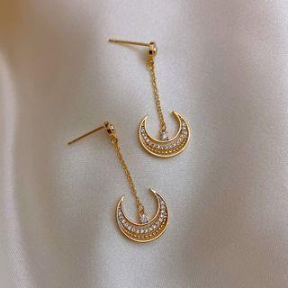 Rhinestone Crescent Drop Earring 1 Pair - Earring - Silver Pin - 2 Ways - Rhinestone - Moon - Gold & White - One Size