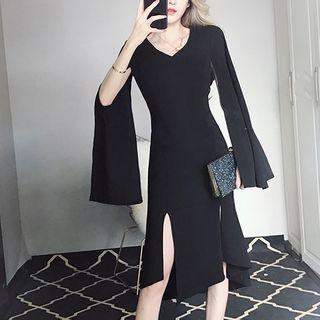 Slit Detail Long-sleeve A-line Dress