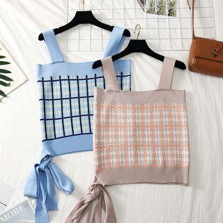 Ribbon-hem Checked Knit Top