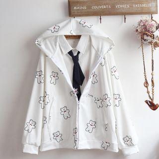 Bear Print Hooded Zip Jacket / Shirt / Set