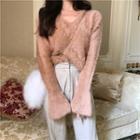 V-neck Bell-sleeve Furry Sweater