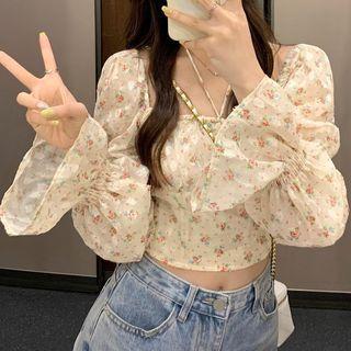 Square Neck Floral Cropped Blouse Almond - One Size