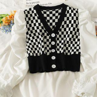 Patchwork Checkerboard Slim-fit Cardigan Black - One Size