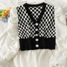 Patchwork Checkerboard Slim-fit Cardigan Black - One Size