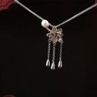 Retro Flower Faux Pearl Pendant Necklace Silver - One Size