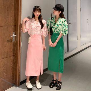 Short Sleeve Flower Printed Chiffon Shirt / Slit A-line Midi Skirt