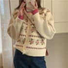 Long-sleeve Plain T-shirt / Flower Print Cardigan