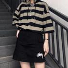 Hooded Elbow-sleeve Striped T-shirt