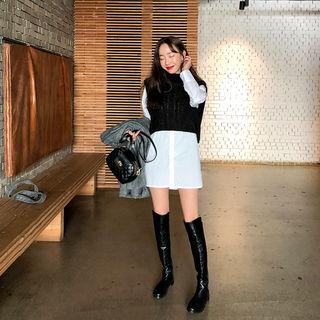 Set: Turtleneck Cable Knit Vest + Long Shirt