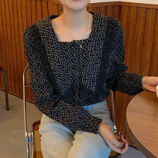 Flower Print Lace Trim Blouse Black - One Size