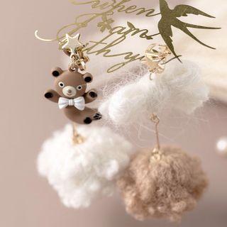Asymmetrical Fluffy Bear Drop Earring / Clip-on Earring