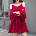 Lace Panel Cold Shoulder Long-sleeve A-line Dress