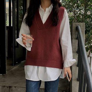 Long-sleeve Lace-trim Midi Dress / V-neck Knit Vest