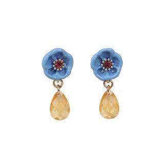 Fashion Elegant Enamel Blue Flower Earrings With Yellow Cubic Zirconia Golden - One Size