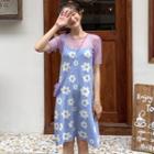 Short-sleeve Mesh T-shirt / Spaghetti Strap Floral A-line Dress