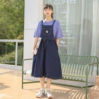 Flower Embroidered Denim Midi A-line Pinafore Dress