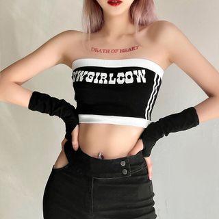 Set: Lettering Striped Tube Top + Fingerless Gloves