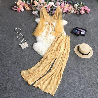 Set: Bell-sleeve Mesh Crop Top + Wide-leg Pants