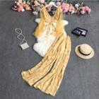 Set: Bell-sleeve Mesh Crop Top + Wide-leg Pants