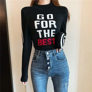 Long-sleeve Striped Letter Printed Cropped Top