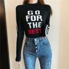 Long-sleeve Striped Letter Printed Cropped Top
