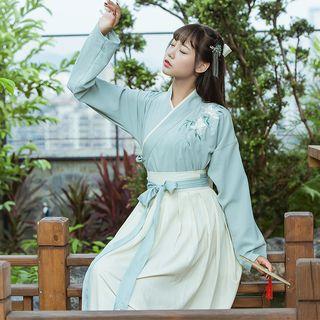 Long-sleeve Embroidered Top/ Maxi A-line Skirt/ Scarf/ Hanfu Set