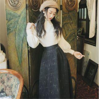Set: Lantern-sleeve Blouse + Maxi A-line Skirt