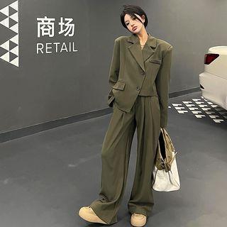 Asymmetrical Loose Blazer / High-waist Wide-leg Dress Pants
