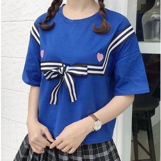 Bow Short-sleeve T-shirt Blue - One Size