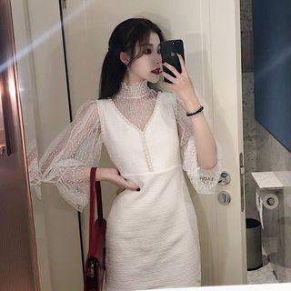 Mock Neck Long-sleeve Mesh Top/ Tweed Pinafore Dress